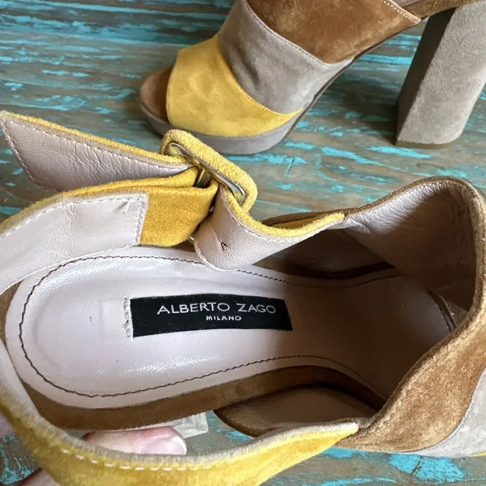 Alberto Zago Milano Suede Leather Platform Peeptoe Sandals Heels Made Italy 36